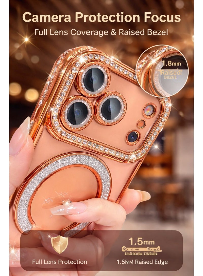 جراب فاخر مرصع بالألماس لهاتف iPhone 17 Pro Max - غطاء شفاف لامع بتصميم أنيق مع حلقة مغناطيسية، يدعم الشحن اللاسلكي، حماية للكاميرا، وتصميم نحيف. - Image 4